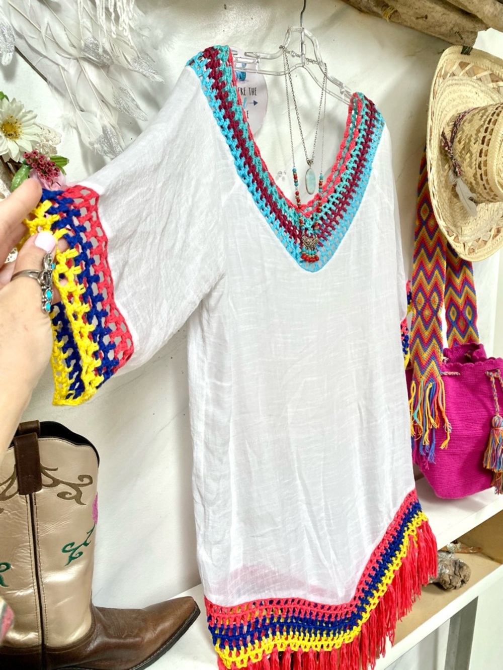 Granny fringe crochet boho tunic dress cover up w hippy Gypsy beach vibe - Picture 9 of 13